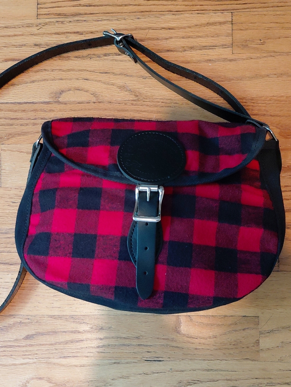 Red and Black Plaid Crossbody Bag with Buckle Detail